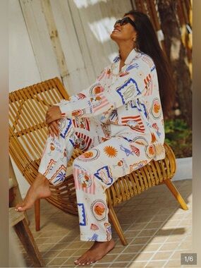 Label Of Love Anthropologie novelty Linen Blend Printed Two-Piece Lounge Set M/L